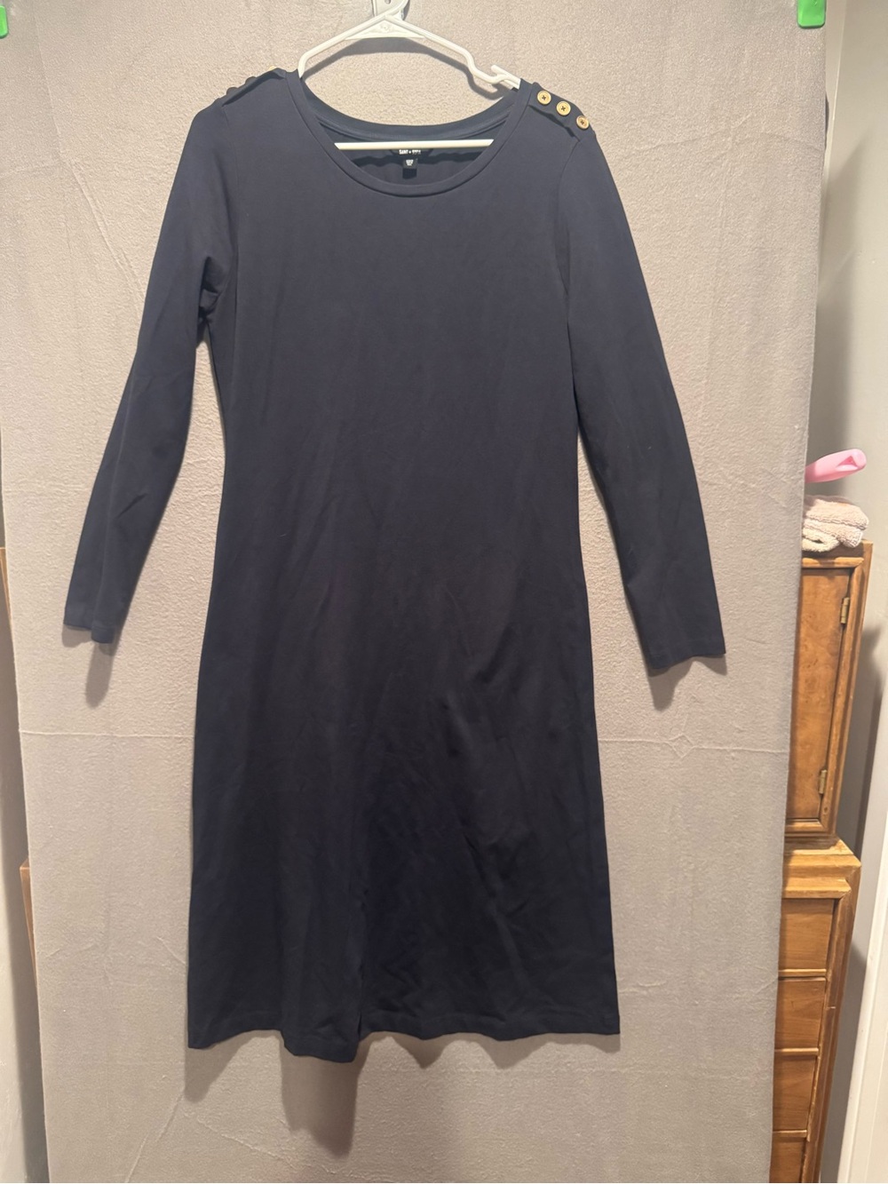Long-Sleeve Navy Shift Dress with Gold Shoulder Buttons